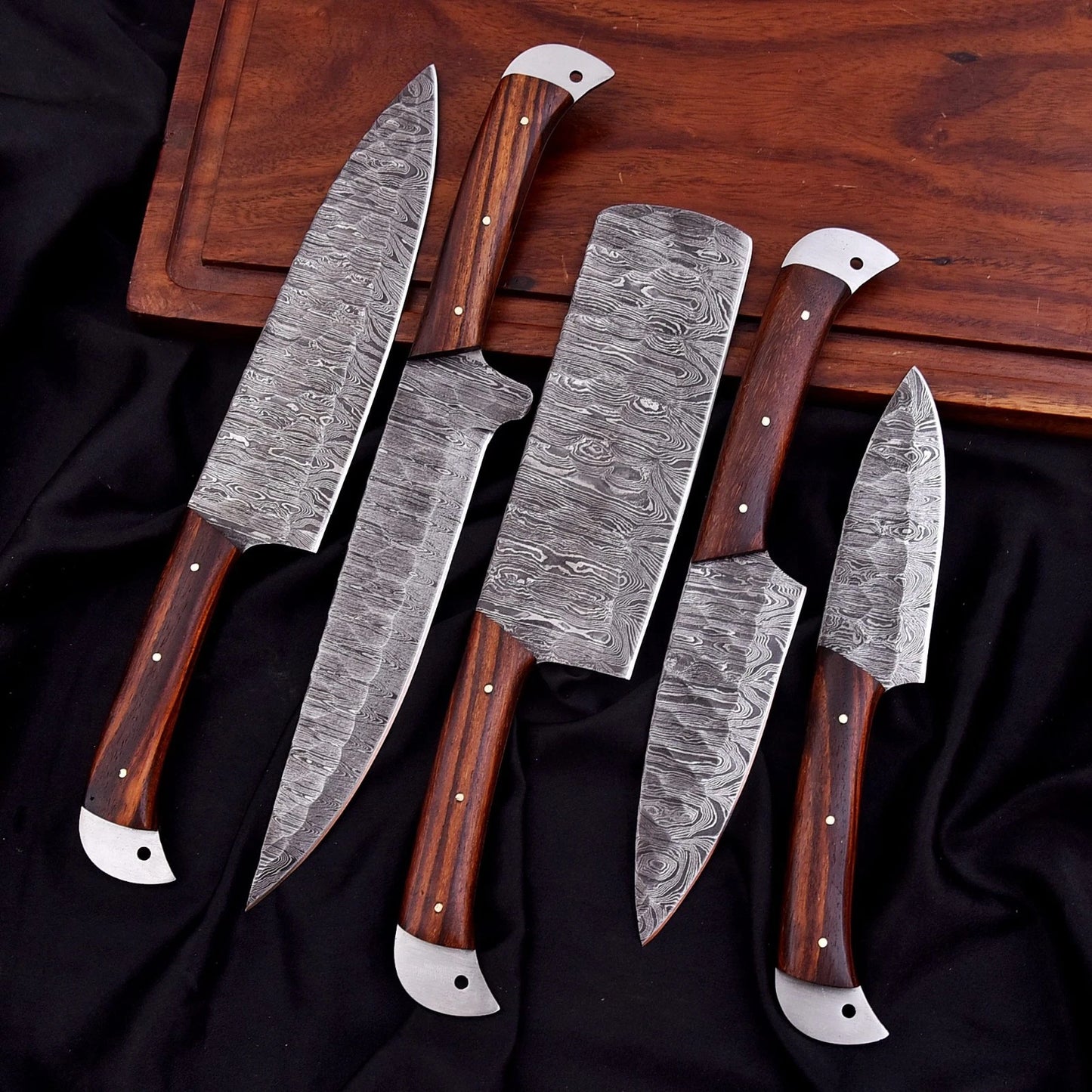 Custom Handmade Damascus 5-Piece Chef Knife Set – Solid Wood Handle with Leather Bag | Arham Cutlery