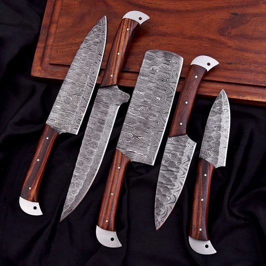 Custom Handmade Damascus 5-Piece Chef Knife Set – Solid Wood Handle with Leather Bag | Arham Cutlery