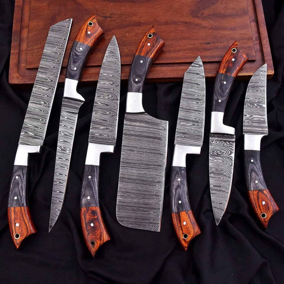 Custom Handmade Damascus 7-Piece Chef Knife Set with Wood Handles & Leather Bag | Arham Cutlery