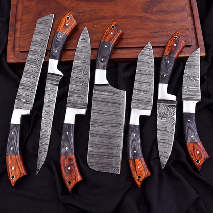 Custom Handmade Damascus 7-Piece Chef Knife Set with Wood Handles & Leather Bag | Arham Cutlery
