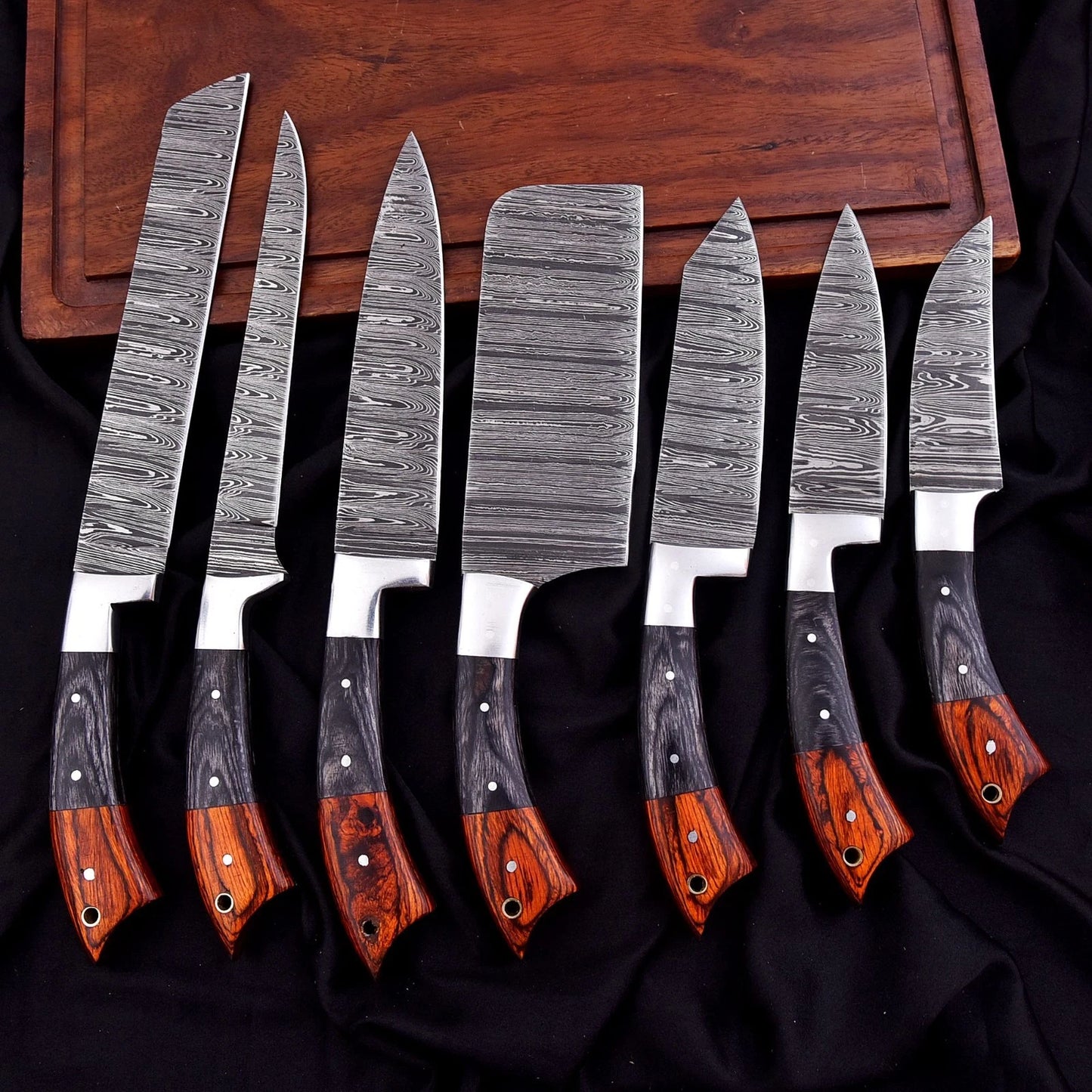 Custom Handmade Damascus 7-Piece Chef Knife Set with Wood Handles & Leather Bag | Arham Cutlery