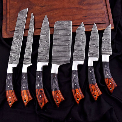 Custom Handmade Damascus 7-Piece Chef Knife Set with Wood Handles & Leather Bag | Arham Cutlery