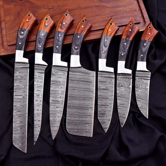 Custom Handmade Damascus 7-Piece Chef Knife Set with Wood Handles & Leather Bag | Arham Cutlery