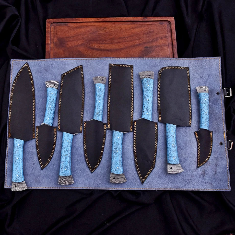 Custom Handmade Damascus 8-Piece Chef Knife Set with Turquoise Resin Handles & Leather Bag | Arham Cutlery