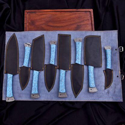 Custom Handmade Damascus 8-Piece Chef Knife Set with Turquoise Resin Handles & Leather Bag | Arham Cutlery