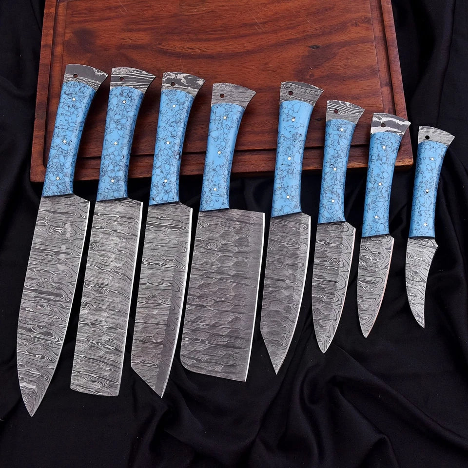 Custom Handmade Damascus 8-Piece Chef Knife Set with Turquoise Resin Handles & Leather Bag | Arham Cutlery