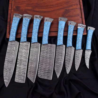 Custom Handmade Damascus 8-Piece Chef Knife Set with Turquoise Resin Handles & Leather Bag | Arham Cutlery