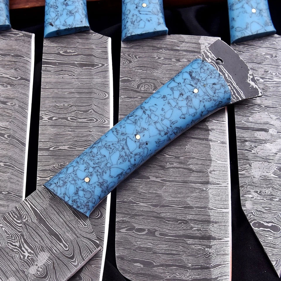 Custom Handmade Damascus 8-Piece Chef Knife Set with Turquoise Resin Handles & Leather Bag | Arham Cutlery