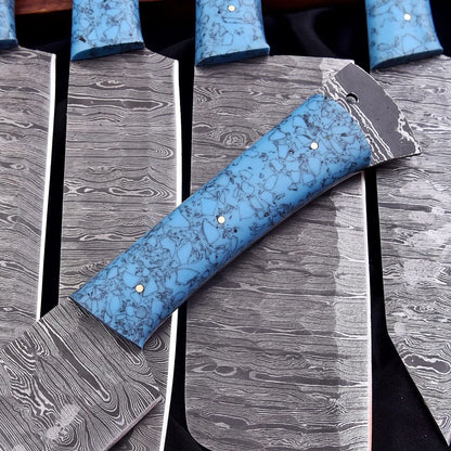 Custom Handmade Damascus 8-Piece Chef Knife Set with Turquoise Resin Handles & Leather Bag | Arham Cutlery
