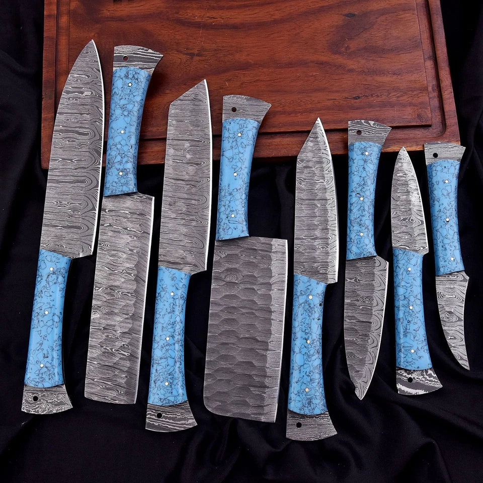 Custom Handmade Damascus 8-Piece Chef Knife Set with Turquoise Resin Handles & Leather Bag | Arham Cutlery