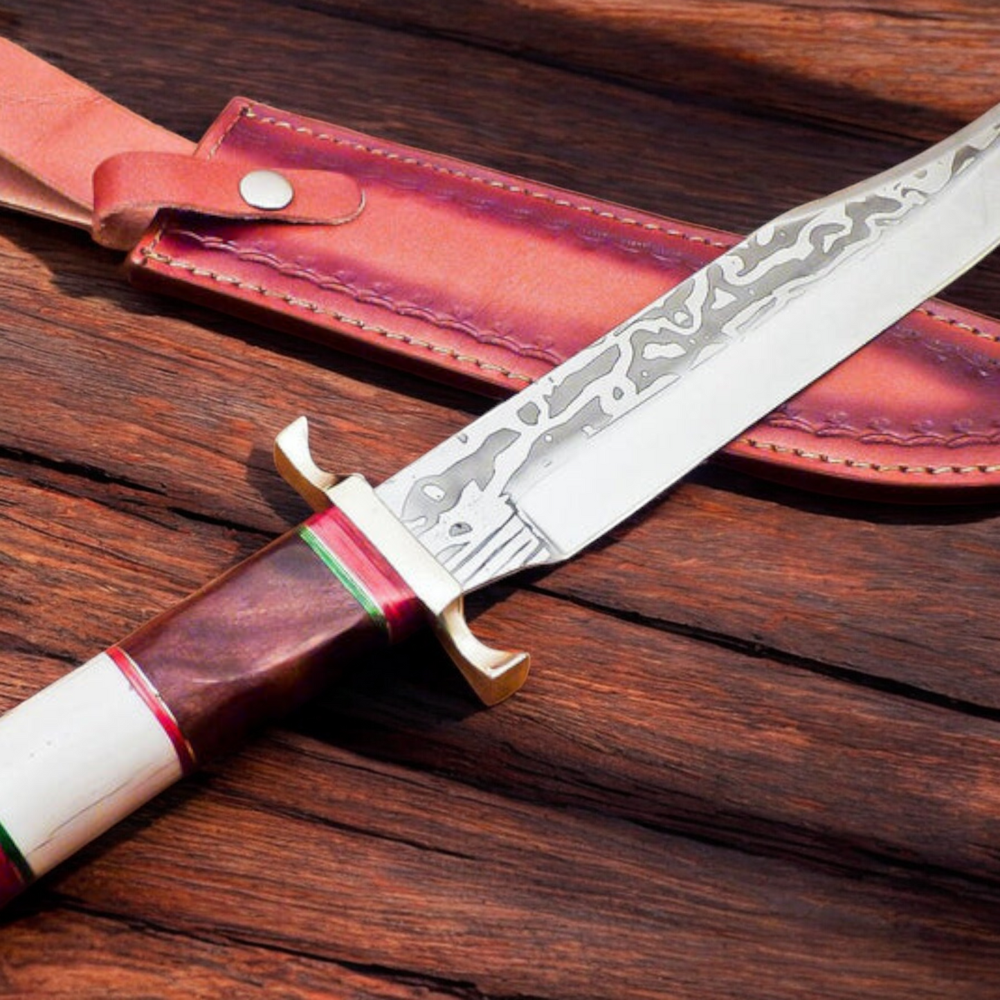 Handmade Damascus Steel Bowie Knife with Bone & Rosewood Handle and Leather Sheath | Arham Cutlery