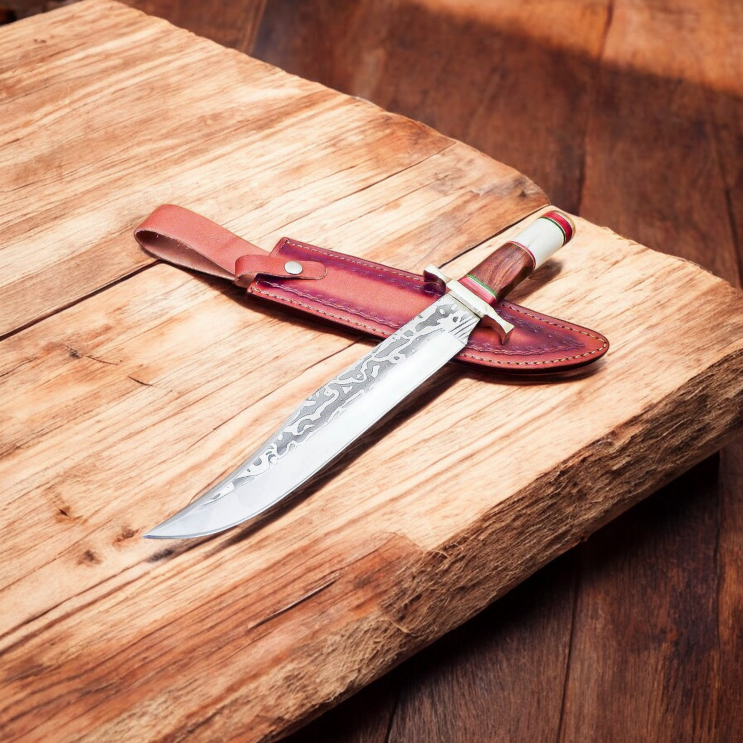 Handmade Damascus Steel Bowie Knife with Bone & Rosewood Handle and Leather Sheath | Arham Cutlery