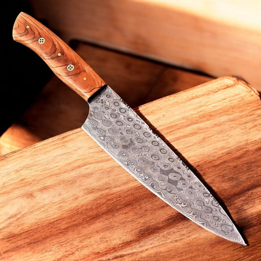 Handmade Damascus Chef Knife with Olivewood Handle & Leather Sheath | Arham Cutlery