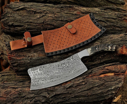Custom Handmade Damascus Cleaver Knife with Ram Horn Handle – Chef Chopper Knife with Leather Sheath Arham Cutlery