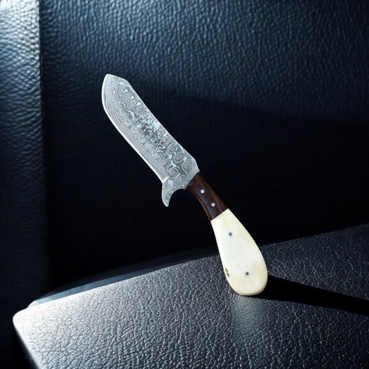 Arham Cutlery Handmade Damascus Cowboy Knife – Rustic Bone Handle with Leather Sheath