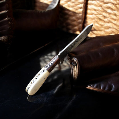Arham Cutlery Handmade Damascus Cowboy Knife – Rustic Bone Handle with Leather Sheath