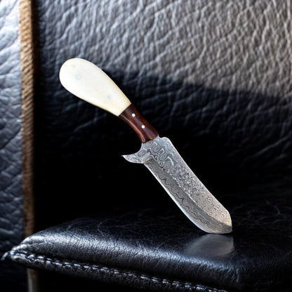 Arham Cutlery Handmade Damascus Cowboy Knife – Rustic Bone Handle with Leather Sheath