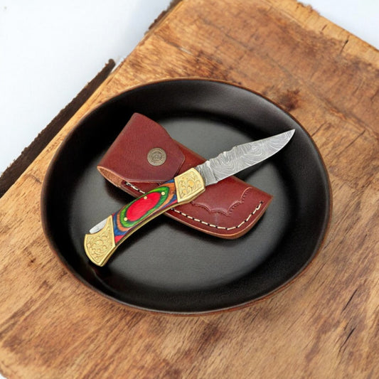 Handmade Damascus Folding Knife – Exotic Wood Handle with Engraved Brass Bolster (3″ Blade)