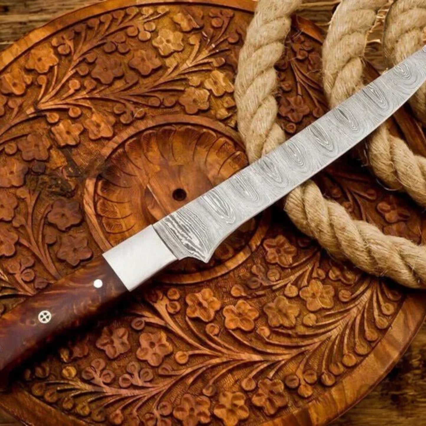 Handmade Damascus Fillet Knife – 8” Precision Blade with Rosewood Handle | Arham Cutlery