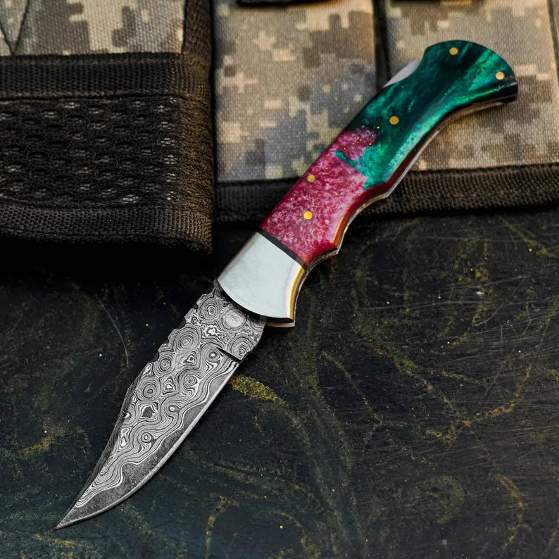 Handmade Damascus Pocket Folder with Colorful Resin Handle Arham Cutlery