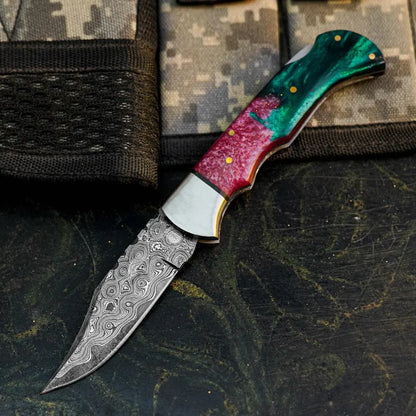 Handmade Damascus Pocket Folder with Colorful Resin Handle Arham Cutlery