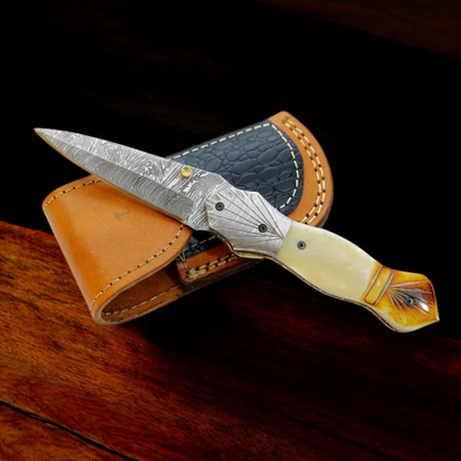 Handmade Damascus Folding Knife with Natural Bone Handle | Arham Cutlery