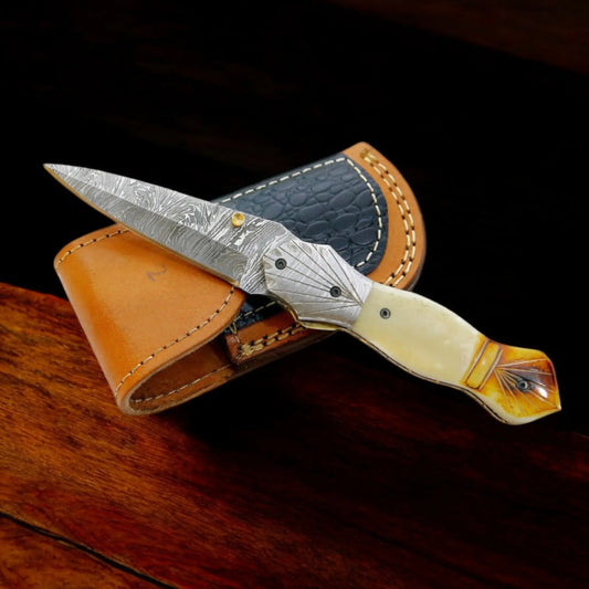 Handmade Damascus Folding Knife with Natural Bone Handle | Arham Cutlery - Arham Cutlery