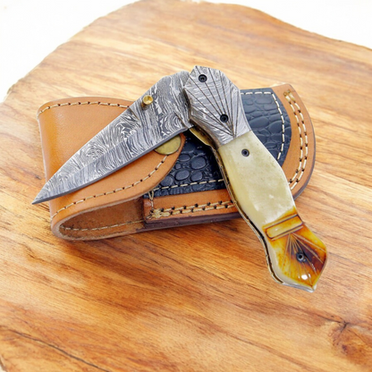 Handmade Damascus Folding Knife with Natural Bone Handle | Arham Cutlery