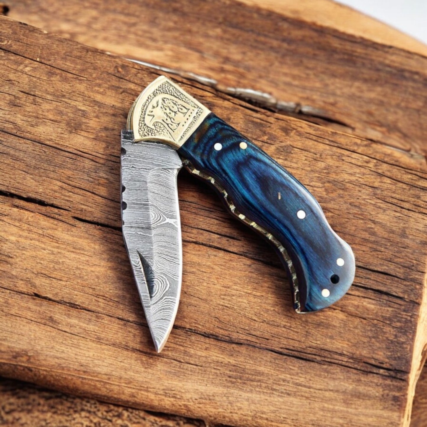 Handmade Damascus Folding Knife with Exotic Wood Handle & Engraved Brass Bolster | Arham Cutlery