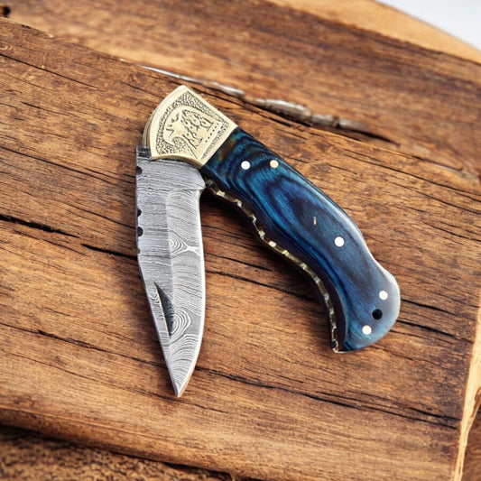 Handmade Damascus Folding Knife with Exotic Wood Handle & Engraved Brass Bolster | Arham Cutlery
