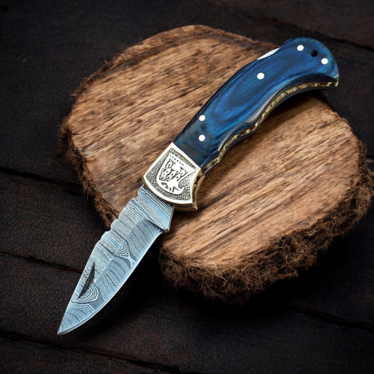 Handmade Damascus Folding Knife with Exotic Wood Handle & Engraved Brass Bolster | Arham Cutlery