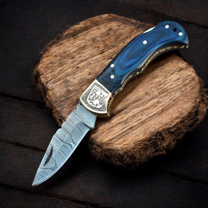 Handmade Damascus Folding Knife with Exotic Wood Handle & Engraved Brass Bolster | Arham Cutlery