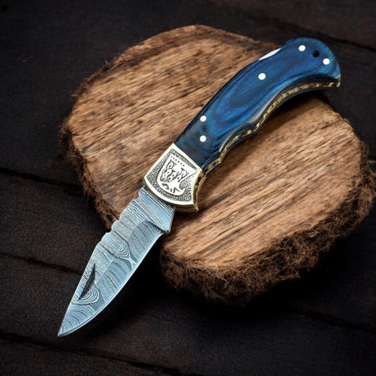 Handmade Damascus Folding Knife with Exotic Wood Handle & Engraved Brass Bolster | Arham Cutlery - Arham Cutlery