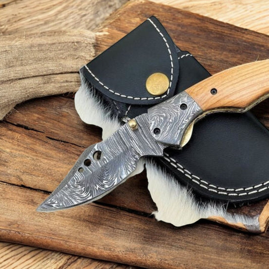 Handmade Damascus Folding Pocket Knife – 3” Blade with Olivewood Handle & Leather Case | Arham Cutlery