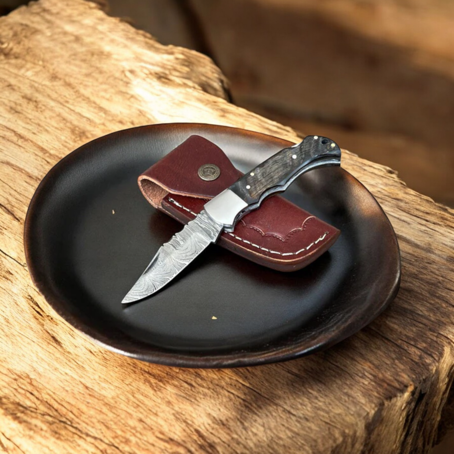 Handmade Damascus Steel Folding Knife with Wood Handle, Back Lock & Leather Case | Arham Cutlery