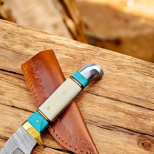Handmade Damascus Hunting Knife – Turquoise & Bone Handle with Leather Sheath | Arham Cutlery - Arham Cutlery