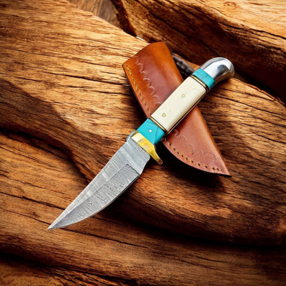 Handmade Damascus Hunting Knife – Turquoise & Bone Handle with Leather Sheath | Arham Cutlery