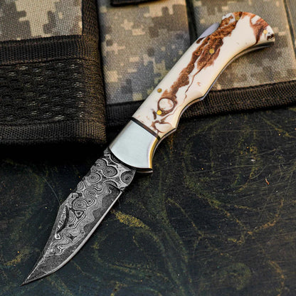 Handmade Damascus Hunting Knife with Patterned Resin Handle Arham Cutlery