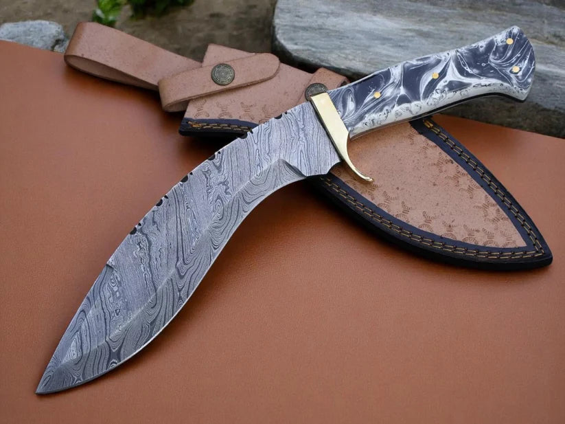 Custom Handmade 512 Layers Damascus Steel Kukri Knife with Resin Handle – Full Tang Hunting & Survival Knife with Leather Sheath Arham Cutlery