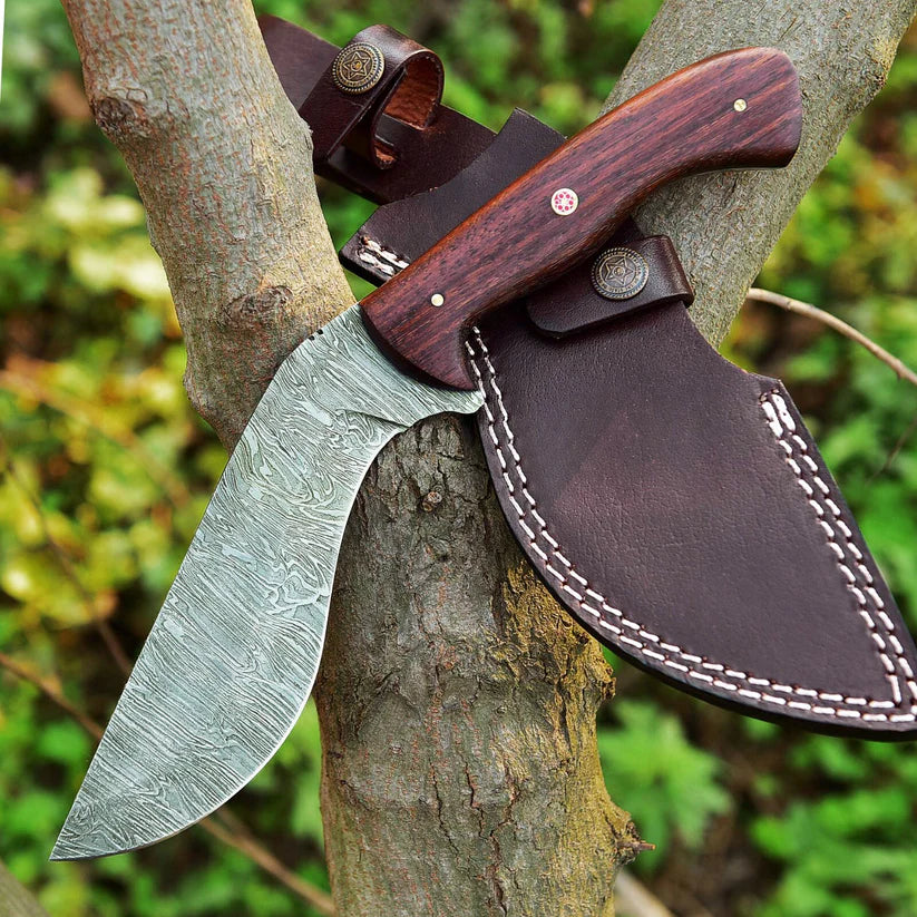 Custom Handmade Damascus Steel Kukri EDC Knife with Rosewood Handle – Fixed Blade Hunting Knife with Leather Sheath Arham Cutlery