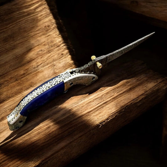 Handmade Damascus Pocket Knife with Blue Wood Handle | Arham Cutlery - Arham Cutlery