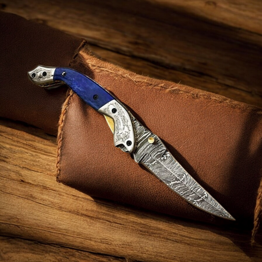 Handmade Damascus Pocket Knife with Blue Wood Handle | Arham Cutlery