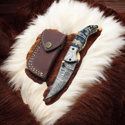 Handmade Damascus Pocket Knife with Epoxy Resin Handle | Arham Cutlery - Arham Cutlery