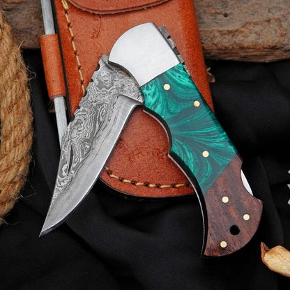 Handmade High-Contrast Damascus Pocket Knife | Green Resin & Rosewood Folding Knife with Gift Box Arham Cutlery
