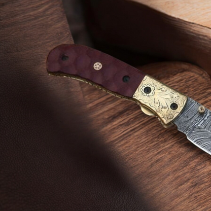 Handmade Damascus Steel Pocket Knife with Micarta Handle & Engraved Brass Bolster | Arham Cutlery