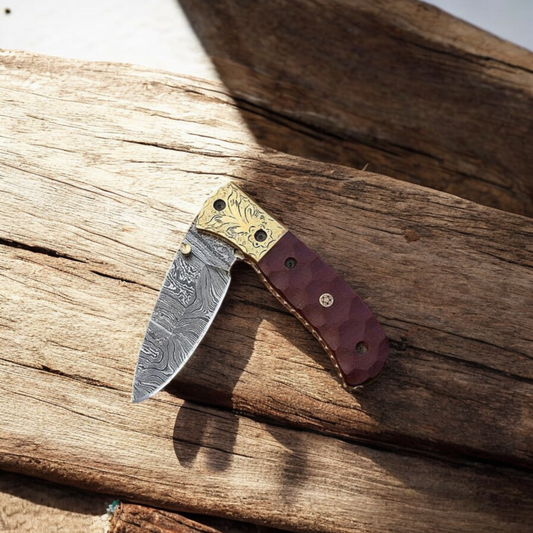 Handmade Damascus Steel Pocket Knife with Micarta Handle & Engraved Brass Bolster | Arham Cutlery