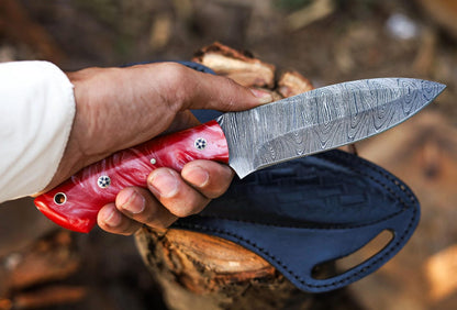 Handmade Damascus Steel Skinner Knife with Red Resin Handle & Leather Sheath | Arham Cutlery