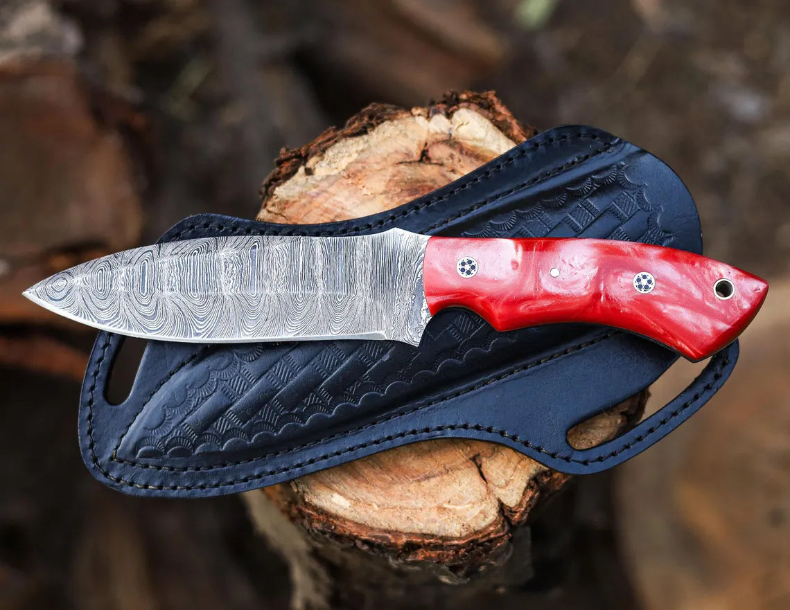 Handmade Damascus Steel Skinner Knife with Red Resin Handle & Leather Sheath | Arham Cutlery