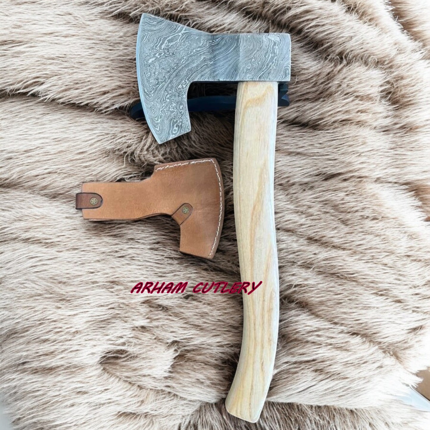 18″ Handmade Damascus Steel Axe – Custom Forged Wood Handle with Leather Sheath