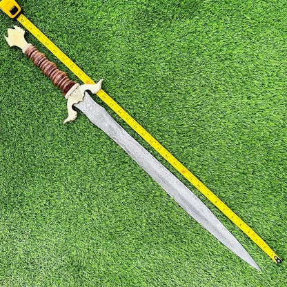 Handmade Damascus Steel Medieval Sword – 32” Viking Fantasy Replica with Leather Sheath | Arham Cutlery